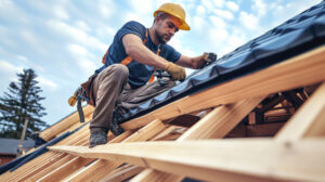 Construction worker wearing a hard hat and safety gear installing roofing materials on a wooden roof.