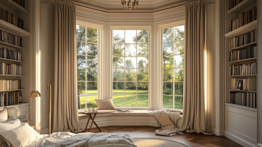 serene bedroom with big bay window