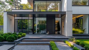 Modern house with black aluminum door frames, wooden panels and glass windows on the front of which there is an entrance to one large double impact doors